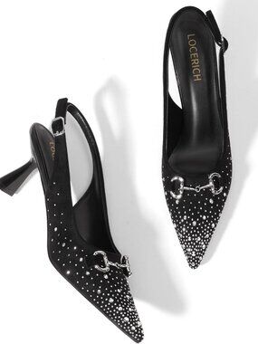 Women's Black Slingback Low Heel Closed Pointed Toe Pumps Sparkly Shoes